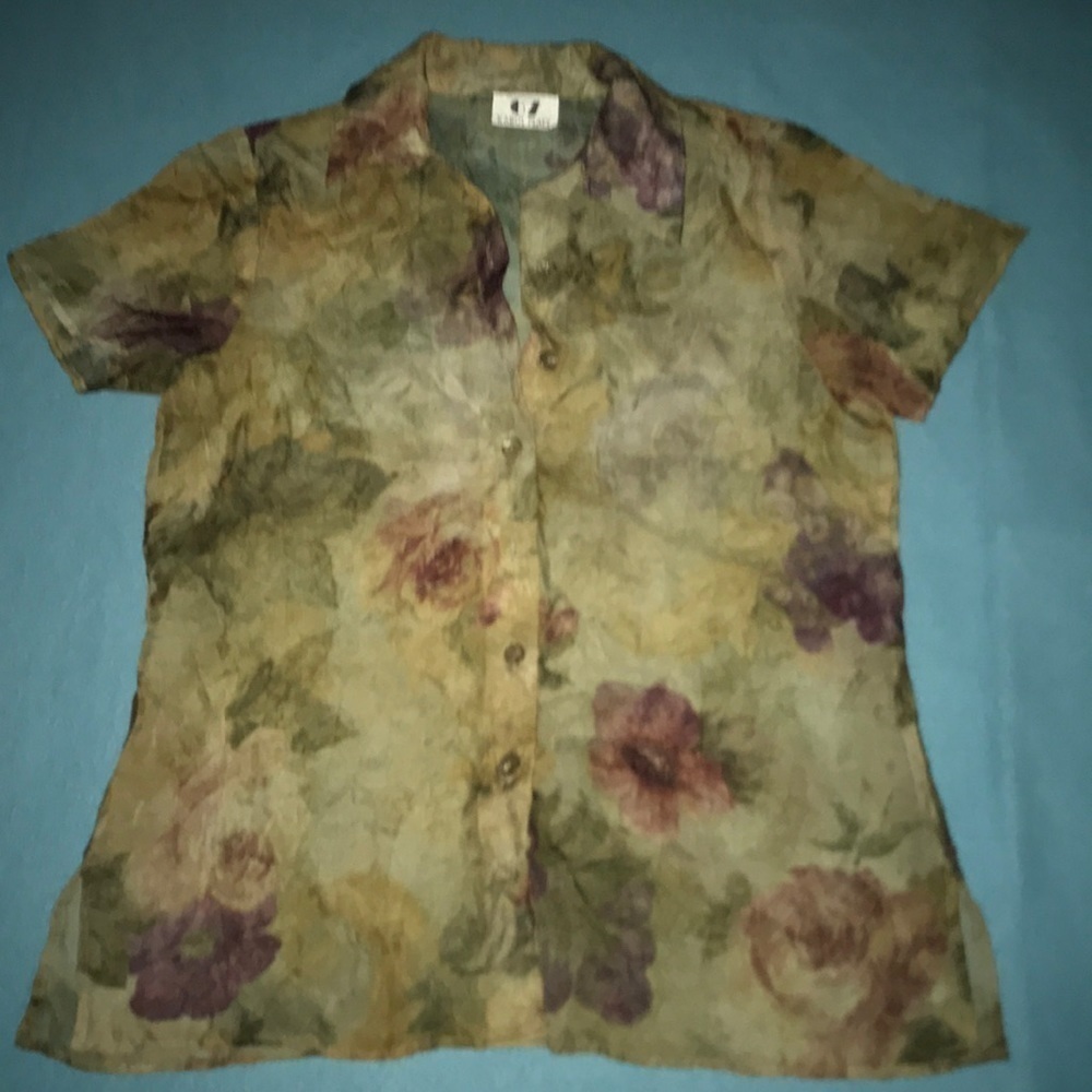 𝅺67 KAROL PLACE floral button up textured short sleeve semi sheer blouse size 14